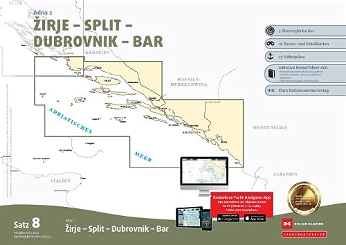 Sportbootkarten Satz 8: Adria 2 (Ausgabe 2023/2024): Zirje - Split - Dubrovnik - Bar  